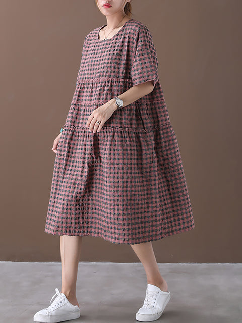 Plus Size sommer plaid rund hals bomuld linned midi kjole