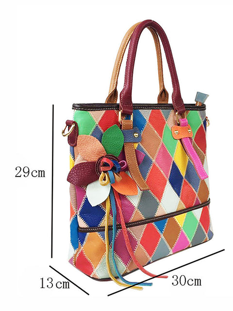 Women Color Contrast Leather Flower Handbag