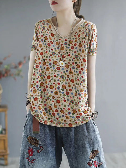 Plus Size Kvinder Sommer Casual Flower strikket skjorte