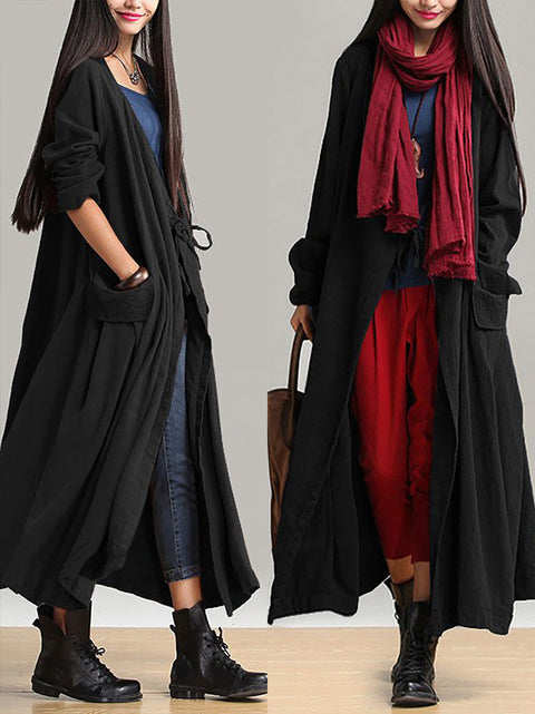 Plus Size Kvinder Ramie Bomuld Autumn Loose Long Coat