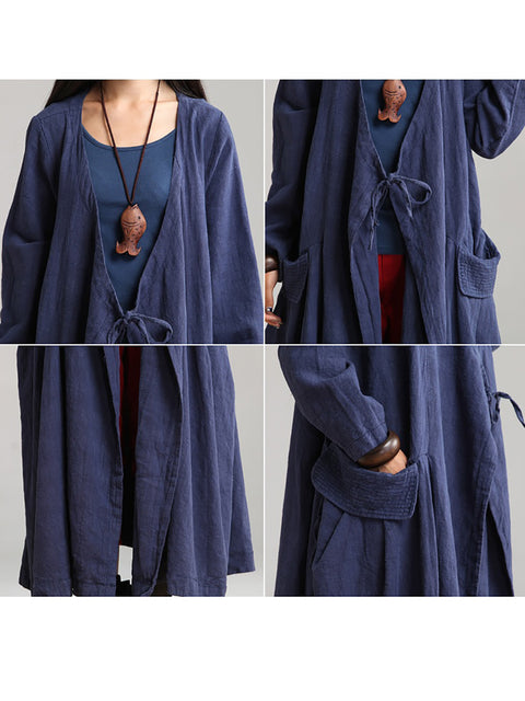 Plus Size Kvinder Ramie Bomuld Autumn Loose Long Coat