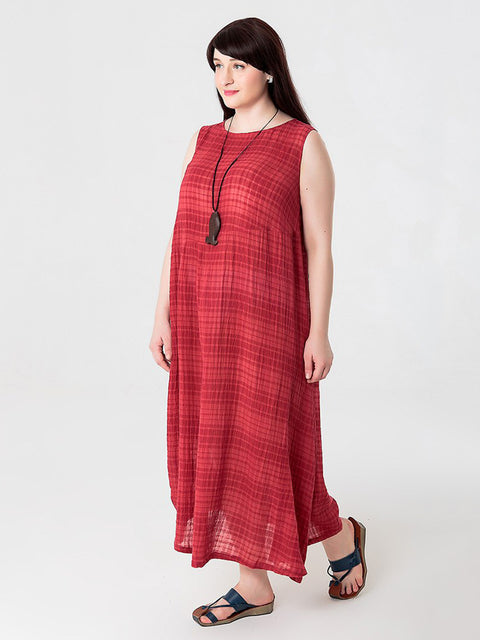 Plus Size Kvinder Sommer Plaid Bomuld Linned Vest Kjole