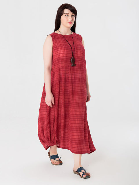 Plus Size Women Summer Plaid Cotton Linen Vest Dress