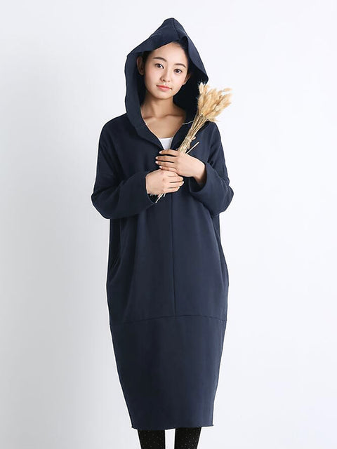 Plus Size Women Casual Pure Color Loose Pocket Hooded Dress