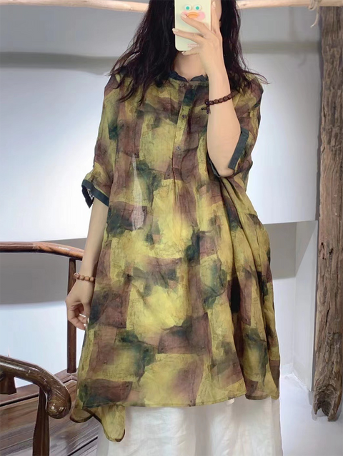 Women Summer Vintage Tie-dye Button Ramie Long Shirt