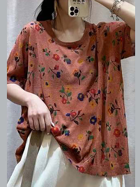 Women Casual Flower Summer Loose Pullover Shirt