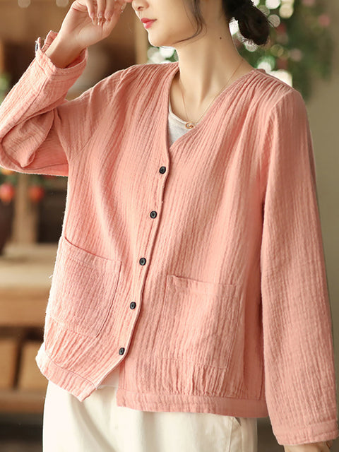 Women Solid Casual Pocket Button Loose Shirt Coat