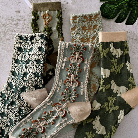 5 Pairs Women Spring Vintage Plant Jacquard Socks