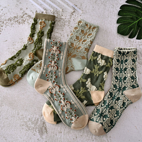 5 Pairs Women Spring Vintage Plant Jacquard Socks