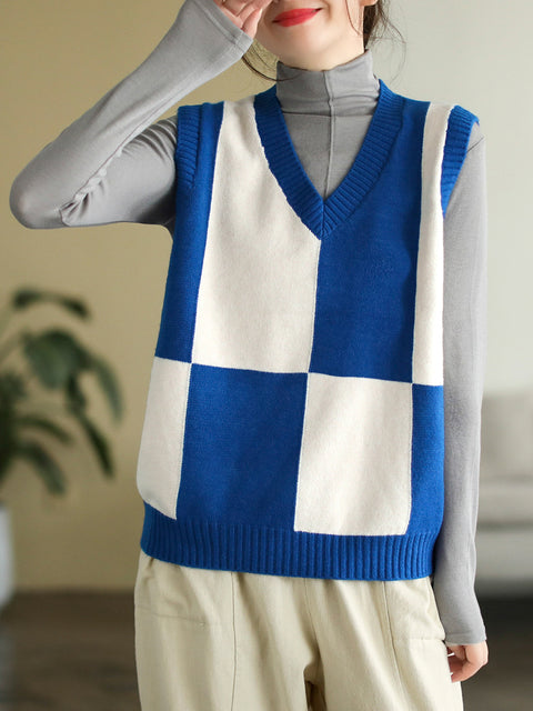 V-hals Colorblock Plaid Ærmeløs Vest Pullover Vest