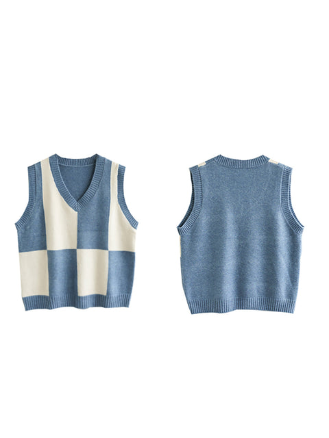 V-hals Colorblock Plaid Ærmeløs Vest Pullover Vest