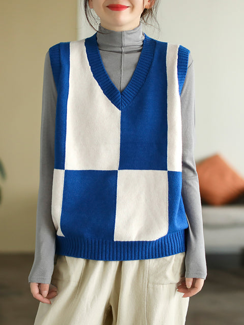 V-hals Colorblock Plaid Ærmeløs Vest Pullover Vest