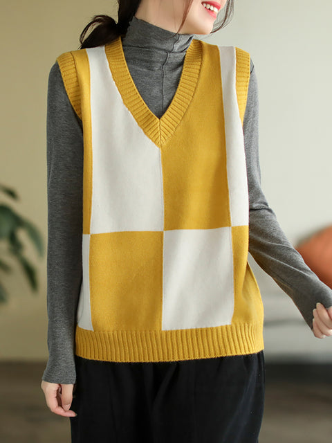 V-hals Colorblock Plaid Ærmeløs Vest Pullover Vest