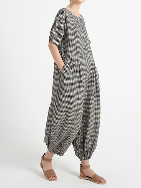 Plus Size Kvinder Plaid Kortærmet Sommer Jumpsuit Overalls