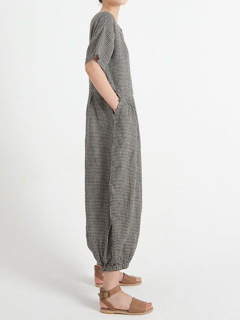 Plus Size Kvinder Plaid Kortærmet Sommer Jumpsuit Overalls