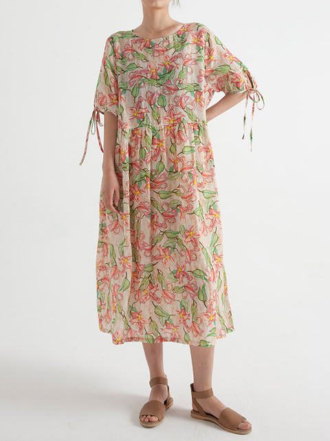 Plus Size Floral Ramie sommer kortærmet løs kjole