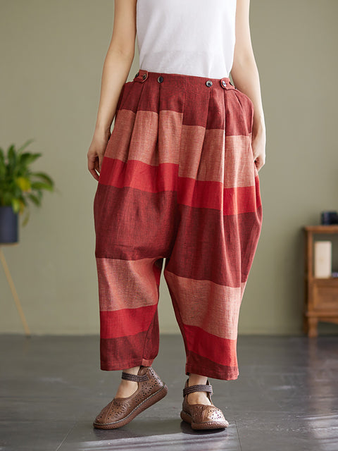 Stripe Elastic Waist Women Pleated Lantern Loose Pants