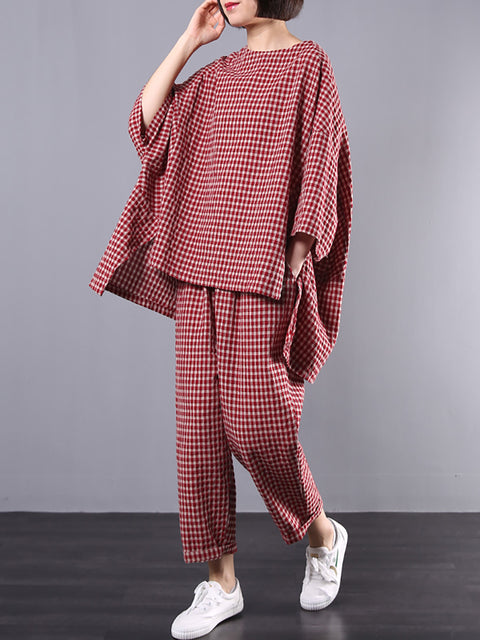 Plus Size Bomuld Linned Plaid retro bluse og bukser