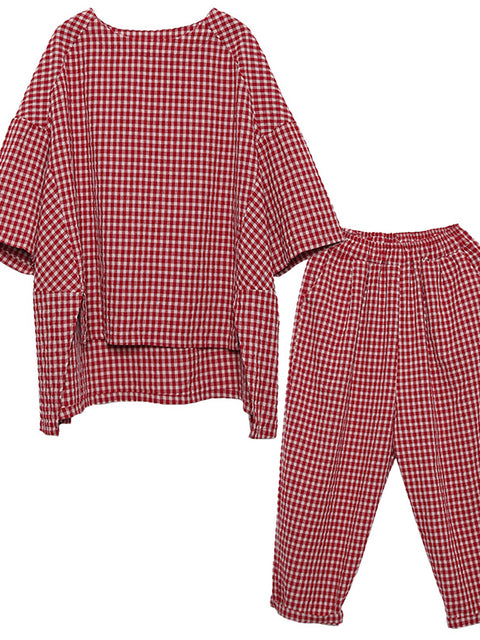 Plus Size Bomuld Linned Plaid retro bluse og bukser