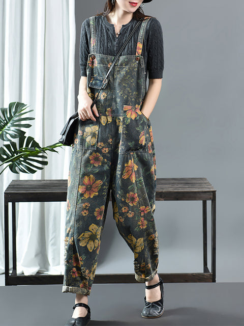 Plus Size - Flower Print Casual Denim Bomuld Jumpsuit Dungarees