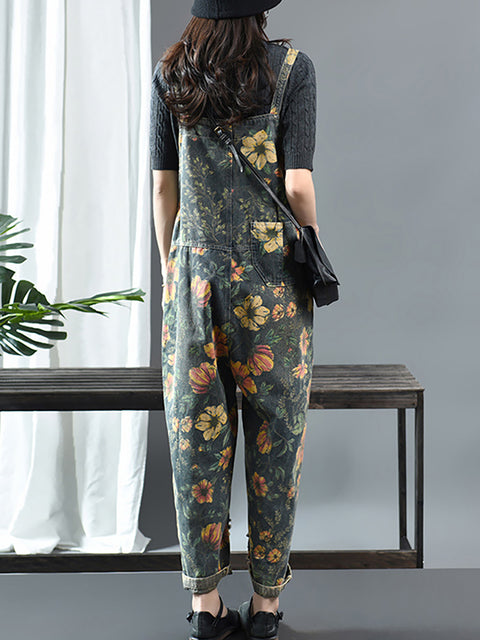 Plus Size - Flower Print Casual Denim Bomuld Jumpsuit Dungarees