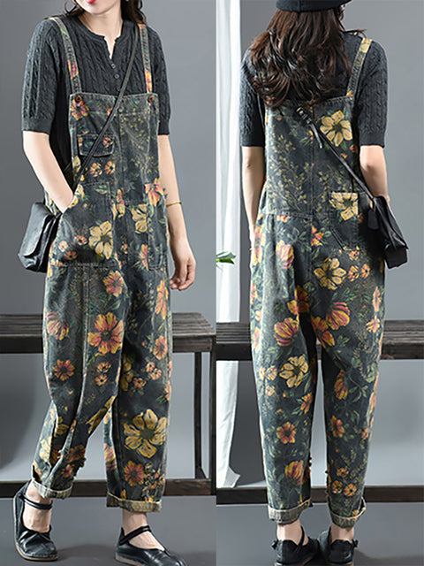 Plus Size - Flower Print Casual Denim Bomuld Jumpsuit Dungarees