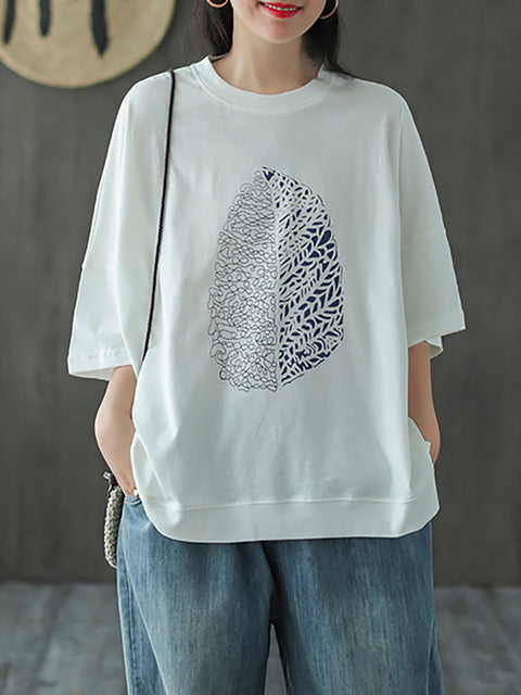 Plus Size - Leaf Printed Summer Half Sleeve Cotton T-shirt