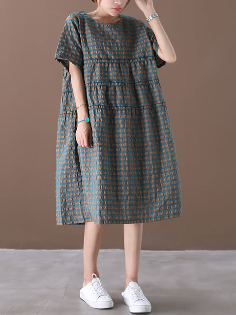 Plus Size sommer plaid rund hals bomuld linned midi kjole