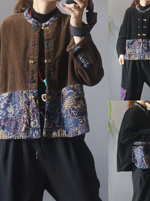 Plus Size - Dame Flower Patchwork Corduroy Coat