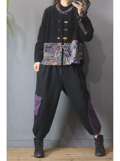 Plus Size - Dame Flower Patchwork Corduroy Coat