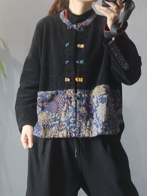 Plus Size - Dame Flower Patchwork Corduroy Coat