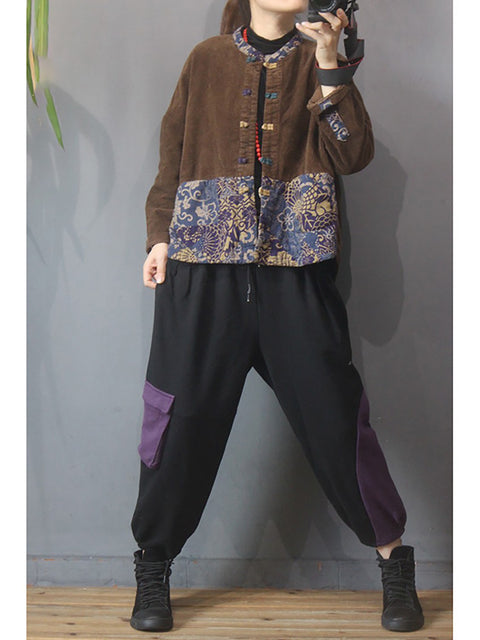 Plus Size - Dame Flower Patchwork Corduroy Coat