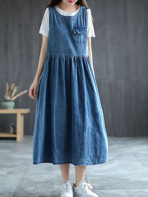 Plus Size - Denim Plisseret Langærmet Pinafore-kjole