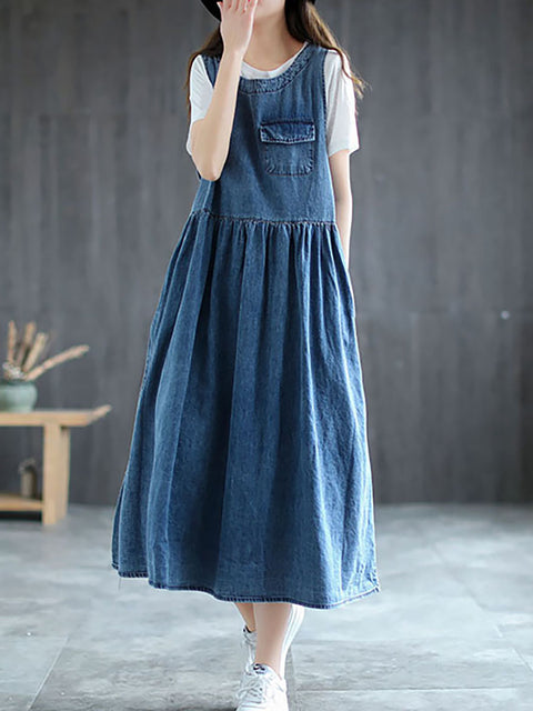 Plus Size - Denim Plisseret Langærmet Pinafore-kjole