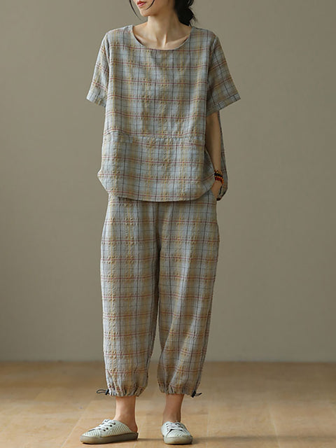 Plus Size Linned Plaid Snøre To Deles Sæt