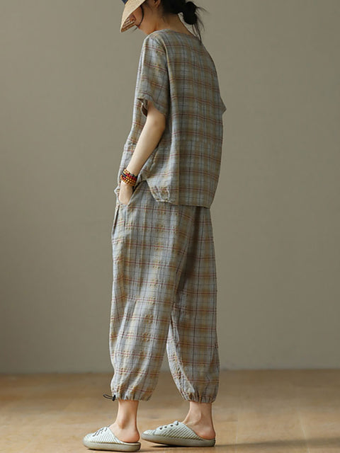 Plus Size Linen Plaid Drawstring Two Pieces Sets