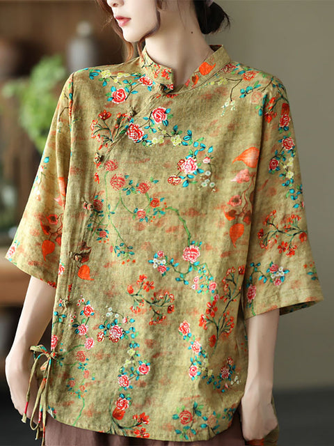 Plus size - Bomuld Linen Floral Uregelmæssig vintage skjorte