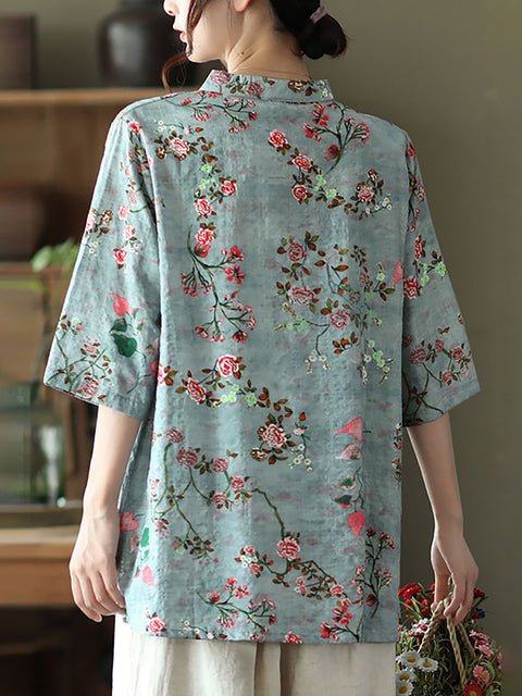 Plus size - Bomuld Linen Floral Uregelmæssig vintage skjorte