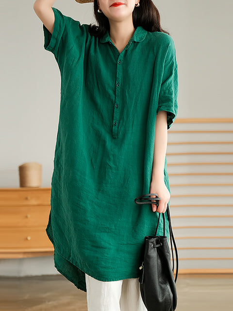 Plus Size Linen Women Casual Pure Color Split Shirt