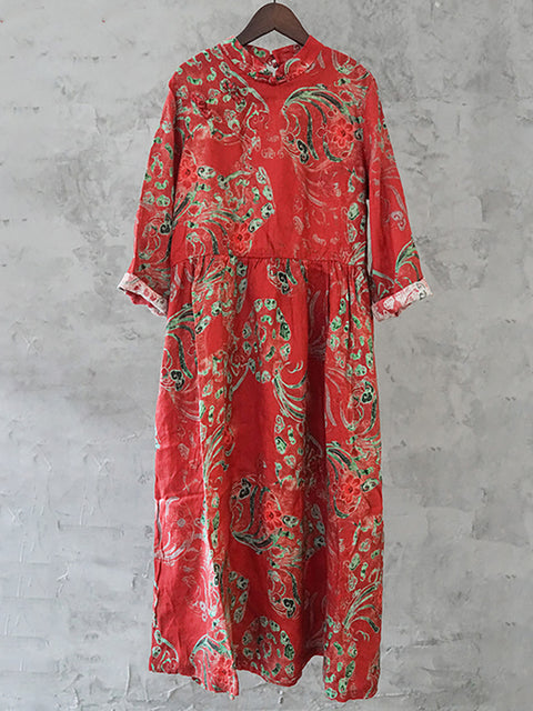 Plus Size Kvinder Linen Vintage Printet Blomster Kjole