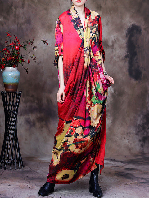 Plus Size -Drape Blomster Vintage Kvinder Retro Maxi Kjole