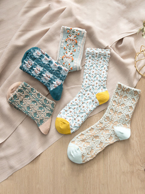 5 Pairs Pure Cotton Floral Casual Women Socks