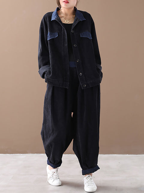 Plus-Size Kvinder Autumn Vintage Coat + Harem Pants Set