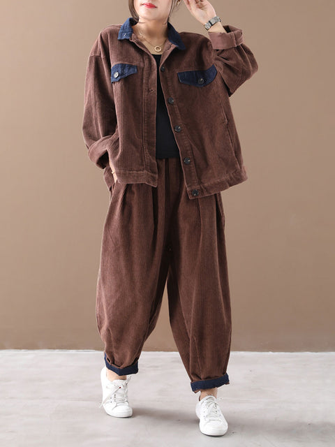 Plus-Size Kvinder Autumn Vintage Coat + Harem Pants Set