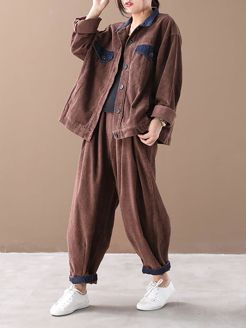 Plus-Size Kvinder Autumn Vintage Coat + Harem Pants Set