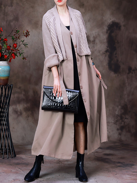 Autumn Women Knitted Stitching Fake Two-Piece Coat