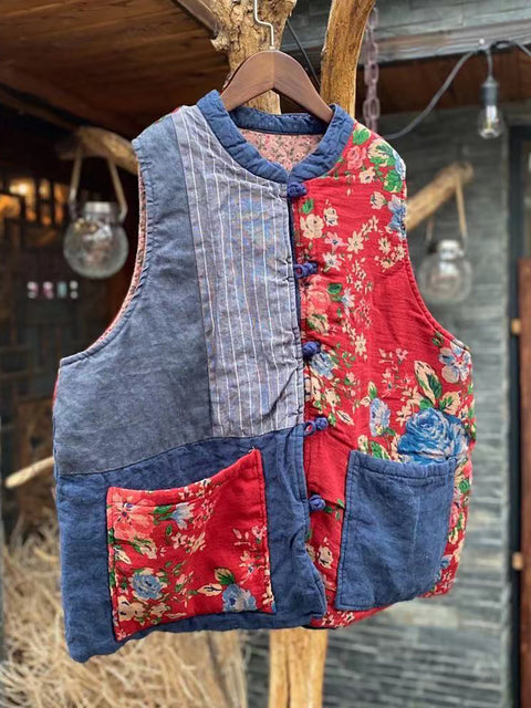 Kvinder Pure Linen Vintage Patchwork Løs ærmeløs vest