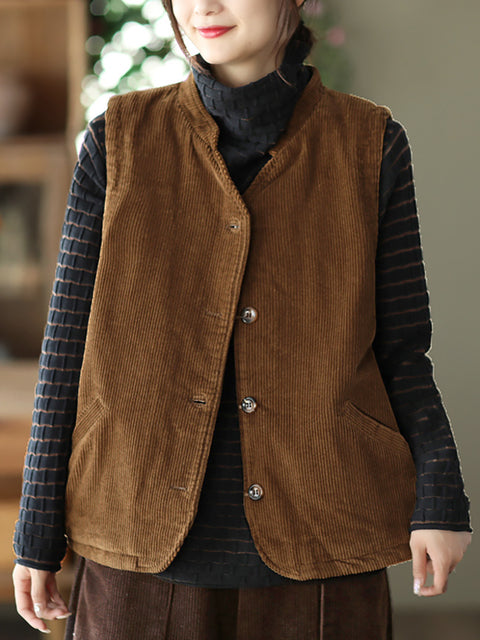 Plus Size Kvinder Vintage Bomuld Corduroy Løs polstret Vest