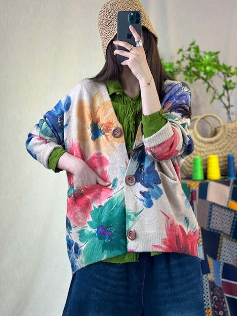 Kvinder blomsterprint strikket løs sweater frakke