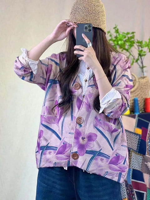 Women Floral Print Knitted Loose Sweater Coat